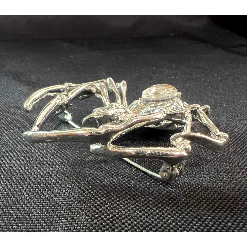 Large Silver‎ Tone Spider Brooch Clear Rhinestone Statement Halloween Gothic